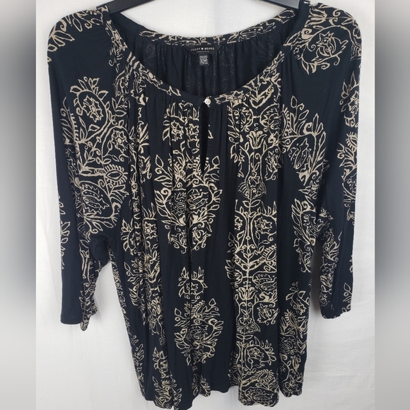 Lucky Brand Black and Gold 3/4th Length Sleeve Boho Women's Shirt Sz 2X - Picture 2 of 10